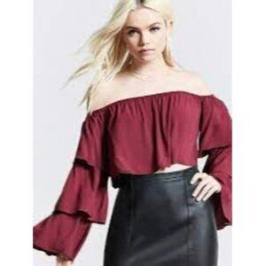Forever 21 Aubergine Off Shoulder Crop Top Tiered Sleeves S